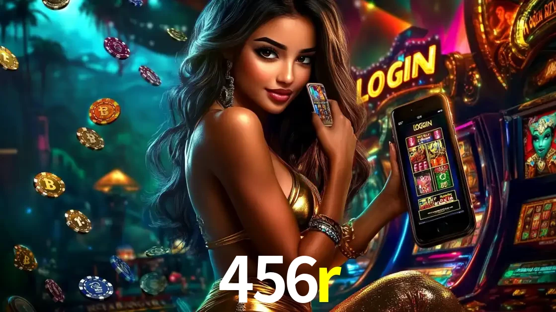 Mulher em um cenário de cassino temático de aventura, mostrando o app de caça-níqueis da 456r no celular. Fichas de apostas flutuam ao redor.