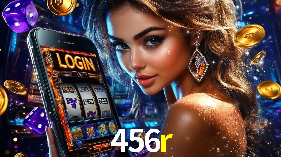 Mulher glamorosa segurando um smartphone com a tela de login para os jogos de caça-níqueis do cassino online 456r, com moedas de ouro e dados ao redor.