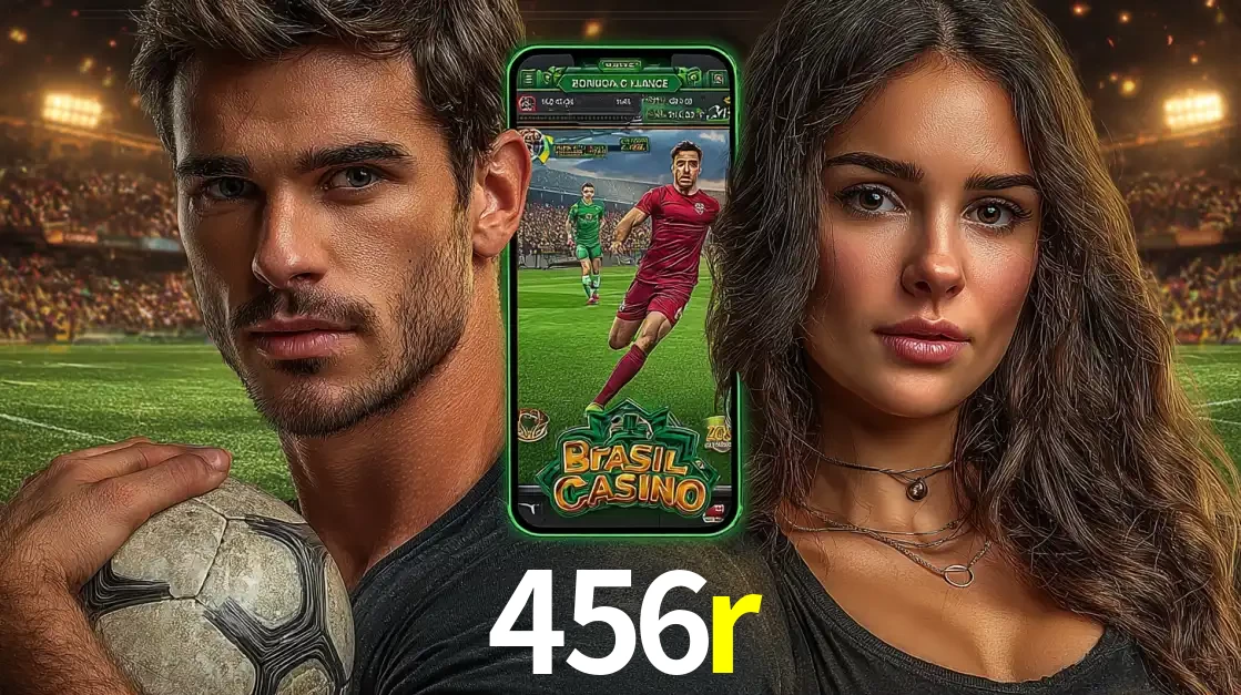 Homem segurando uma bola de futebol e uma mulher ao lado de um smartphone exibindo o jogo de apostas esportivas da 456r. Faça seu palpite no cassino online.